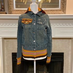 Rue 21 Denim Jacket with Southwestern Look Knit Collar/Cuffs/Hem